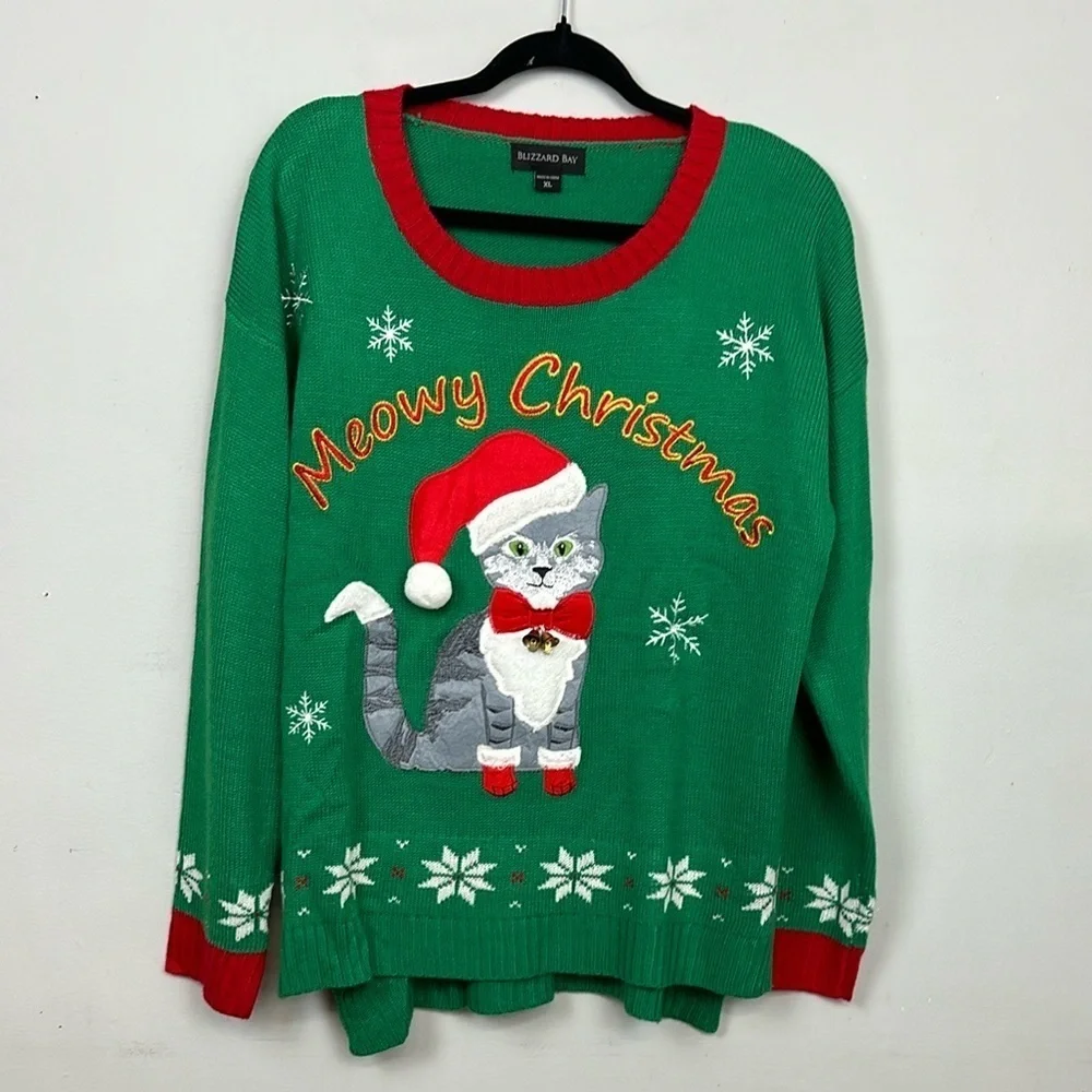 Meowy Christmas Kitty with Bells Ugly Christmas Sweater Sz XL